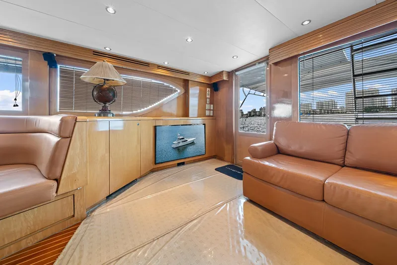 Sand Control Yacht Photos Pics Luxurious interior of 2002 Hatteras 60 Convertible yacht with leather seating and elegant decor.