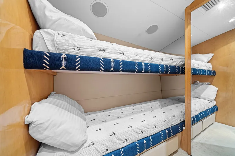 Sand Control Yacht Photos Pics Bunk beds in 2002 Hatteras 60 Convertible yacht cabin with nautical-themed bedding.