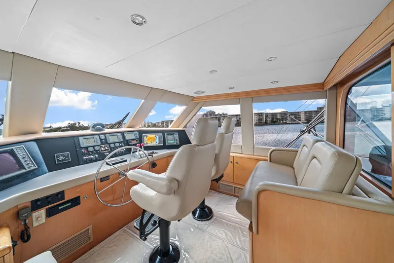 Sand Control Yacht Photos Pics Luxurious helm of 2002 Hatteras 60 Convertible yacht with panoramic windows and modern controls.