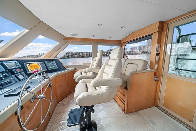 Sand Control Yacht Photos Pics Luxurious helm of 2002 Hatteras 60 Convertible yacht with plush seating and modern controls.