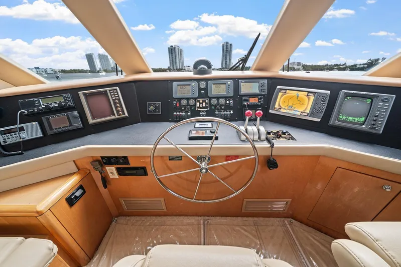 Sand Control Yacht Photos Pics Helm of 2002 Hatteras 60 Convertible yacht with navigation instruments and steering wheel.