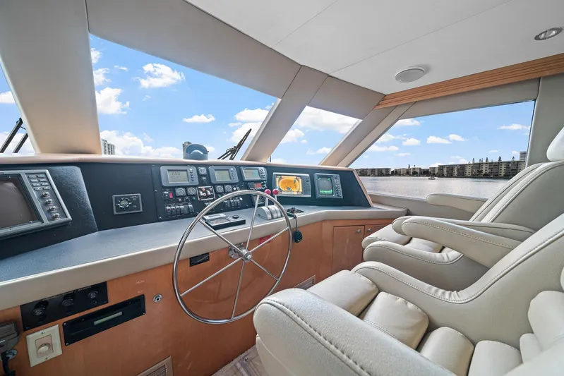 Sand Control Yacht Photos Pics Helm of 2002 Hatteras 60 Convertible yacht with modern navigation equipment and plush seating.