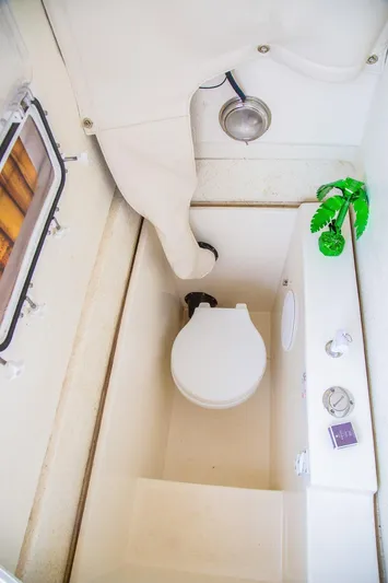 Big Kahuna Yacht Photos Pics 2022 Beachcat COI Tiki Boat interior with compact bathroom and porthole window.