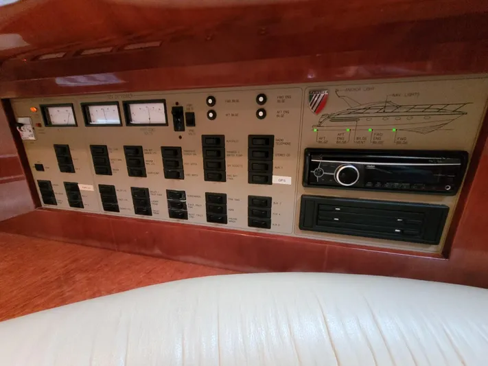 Rmvca Yacht Photos Pics Control panel of a 2004 Fairline Targa 43 yacht with switches and gauges.