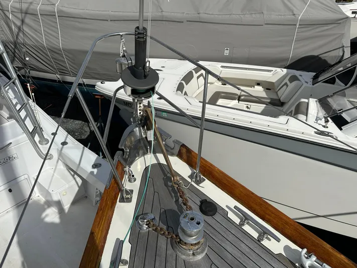  Yacht Photos Pics Bow of 1978 Hinckley Bermuda 40 MK III sailboat with anchor and winch.