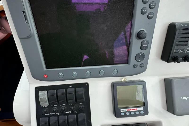 "flying Low" Yacht Photos Pics Control panel of a 2008 Back Cove 33 boat with navigation equipment.
