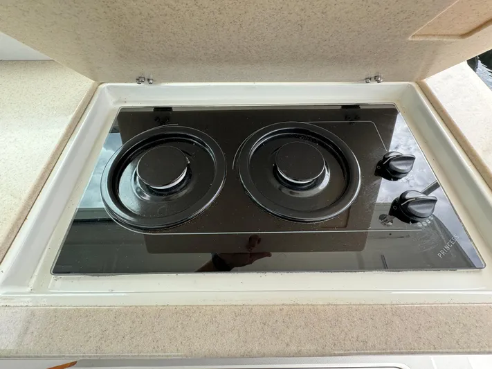 "flying Low" Yacht Photos Pics Built-in two-burner stove on 2008 Back Cove 33 yacht kitchen counter.
