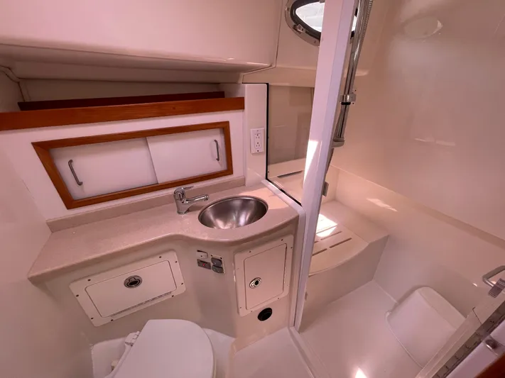 "flying Low" Yacht Photos Pics 2008 Back Cove 33 yacht bathroom with sink, toilet, and shower area.