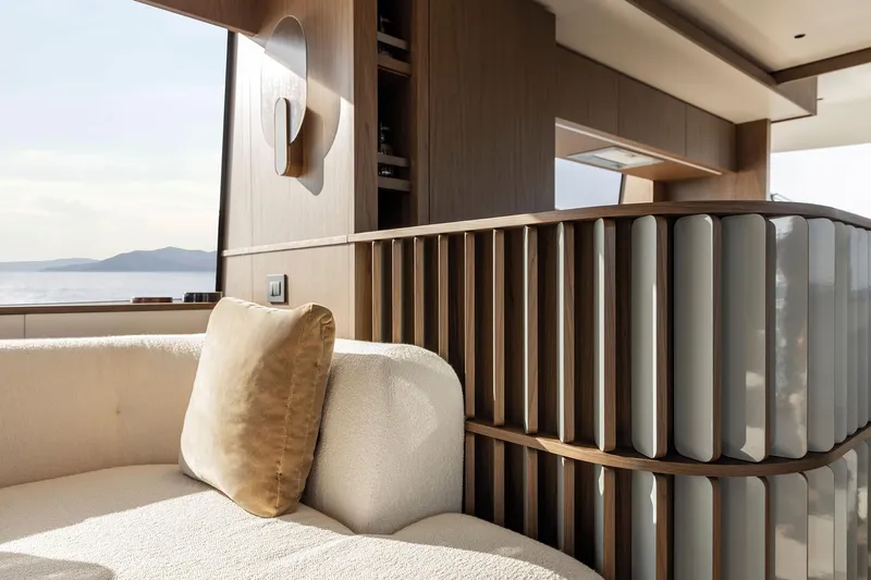  Yacht Photos Pics Luxurious interior of 2025 Azimut Fly 72 yacht with elegant wood and plush seating.