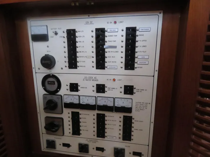 Patient Lady Yacht Photos Pics Electrical panel on DeFever 49 Pilothouse, year 1987.