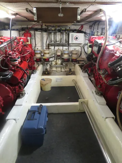 Patient Lady Yacht Photos Pics Engine room of 1987 DeFever 49 Pilothouse yacht.