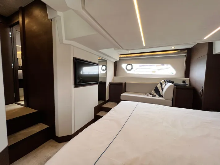  Yacht Photos Pics Luxurious interior of 2023 Prestige 460 Flybridge yacht with modern design and comfortable seating.