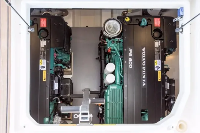  Yacht Photos Pics Engine room of 2023 Prestige 460 Flybridge with Volvo Penta IPS 600 engines.