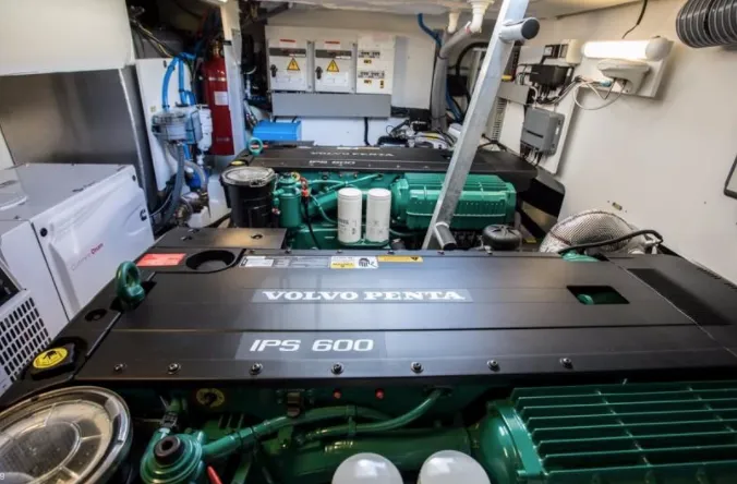 Yacht Photos Pics Engine room of 2023 Prestige 460 Flybridge with Volvo Penta IPS 600 engines.