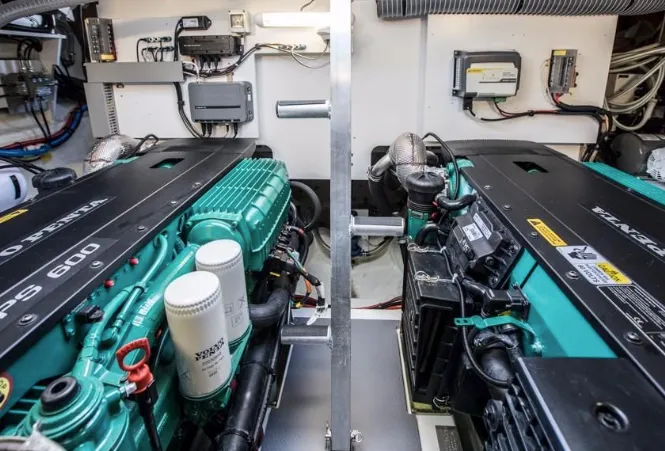  Yacht Photos Pics Engine room of 2023 Prestige 460 Flybridge yacht with dual Volvo Penta IPS 600 engines.