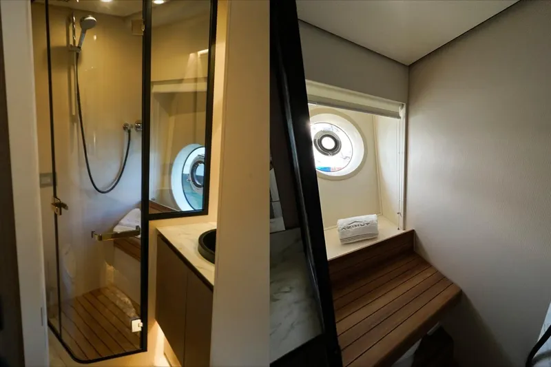  Yacht Photos Pics Luxurious bathroom interior of 2024 Azimut Magellano 60 yacht, featuring modern shower and porthole.