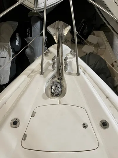  Yacht Photos Pics 2002 Sunseeker Predator 61 yacht bow with anchor and stainless steel fittings.