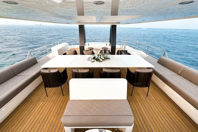  Yacht Photos Pics Luxurious 2025 GZ Yachts TY560 deck with elegant seating and ocean view.