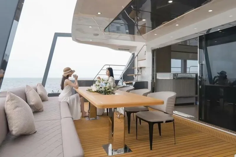  Yacht Photos Pics Luxury GZ Yachts TY560, 2025 model, featuring elegant outdoor seating and ocean view.