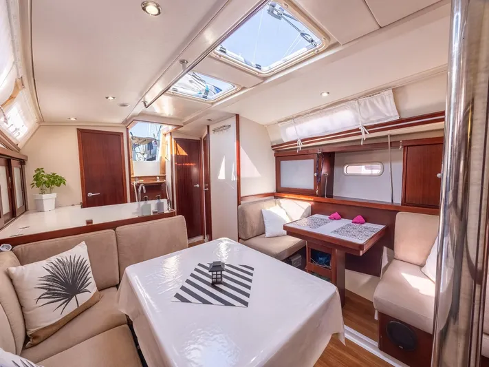  Yacht Photos Pics Interior of 2008 Hanse 400 yacht with cozy seating, dining area, and modern decor.