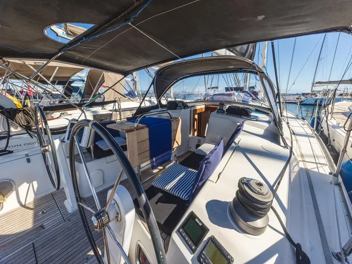  Yacht Photos Pics 2008 Hanse 400 sailboat cockpit with dual steering wheels and nautical equipment.