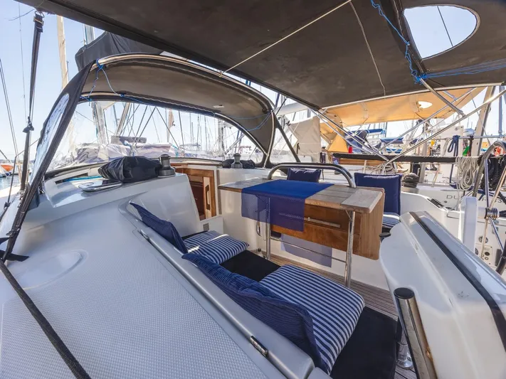  Yacht Photos Pics 2008 Hanse 400 yacht cockpit with seating, cushions, and canopy.