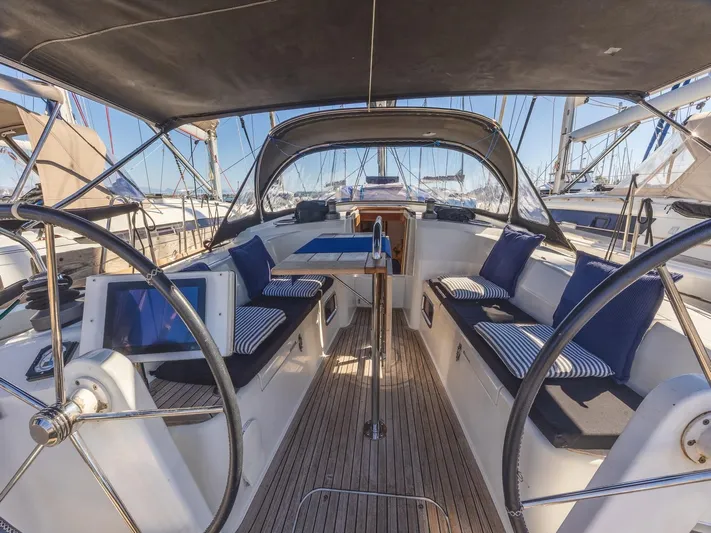  Yacht Photos Pics 2008 Hanse 400 yacht cockpit with dual steering wheels, cushioned seating, and a covered canopy.