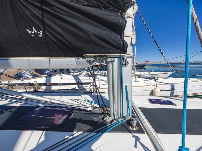  Yacht Photos Pics 2008 Hanse 400 sailboat deck with rigging and sails under clear blue sky.