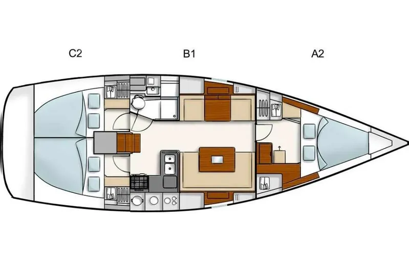  Yacht Photos Pics Floor plan of a 2008 Hanse 400 yacht, featuring three cabins and a central living area.