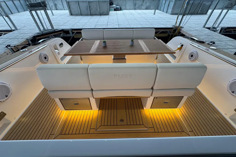  Yacht Photos Pics Luxurious 2025 Pardo Yachts P38 interior with elegant seating and ambient lighting.