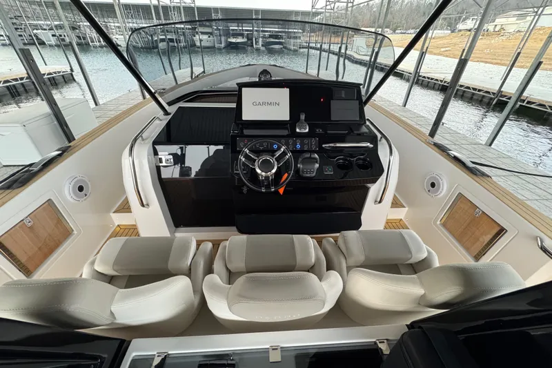  Yacht Photos Pics 2025 Pardo Yachts P38 cockpit with modern navigation system and luxurious seating.