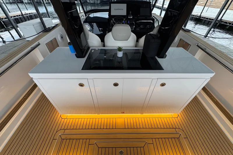  Yacht Photos Pics Luxury interior of 2025 Pardo Yachts P38 with sleek design and ambient lighting.