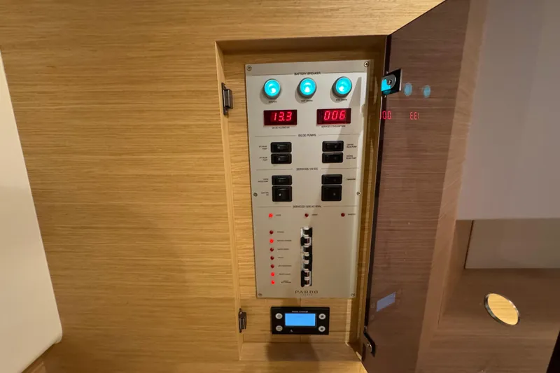  Yacht Photos Pics Control panel of 2025 Pardo Yachts P38, featuring digital displays and switches.