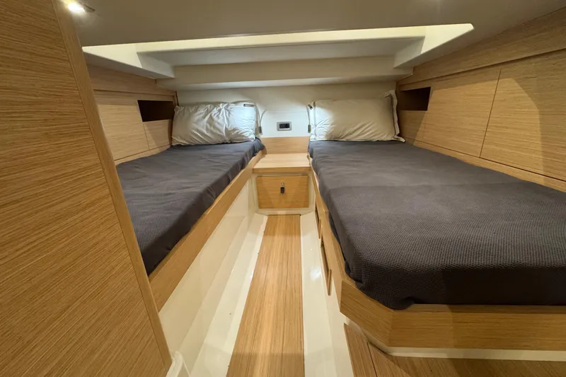  Yacht Photos Pics 2025 Pardo Yachts P38 cabin interior with twin beds and wooden finish.