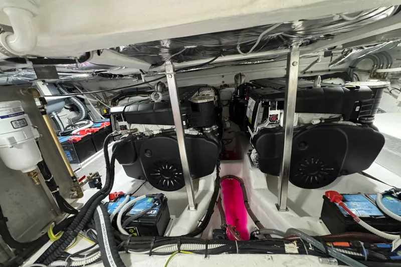  Yacht Photos Pics Engine room of 2025 Pardo Yachts P38, showcasing dual engines and wiring.