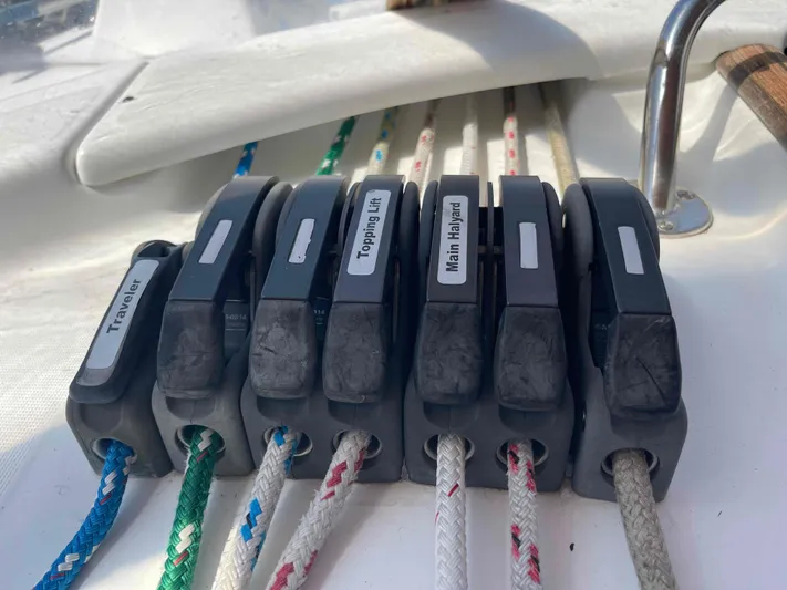 Tiramisu Yacht Photos Pics Rope clutches on a 2004 Beneteau Oceanis 473 sailboat deck.