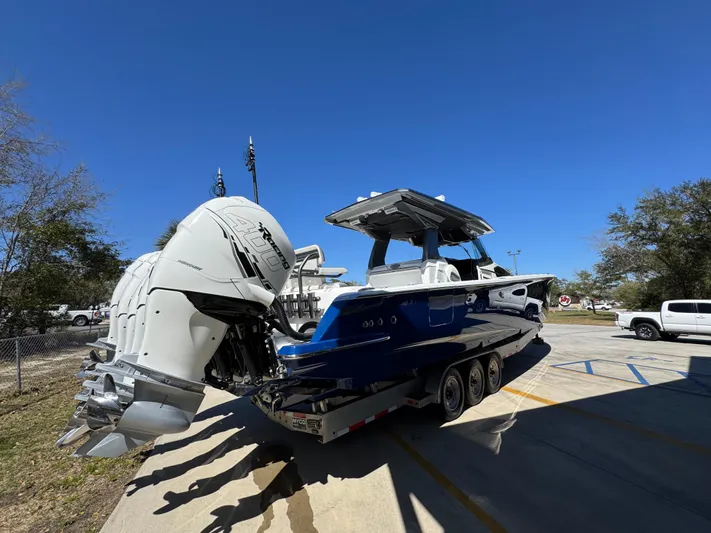  Yacht Photos Pics 2018 Nor-Tech 452 Super Fish boat on trailer with powerful outboard engines.