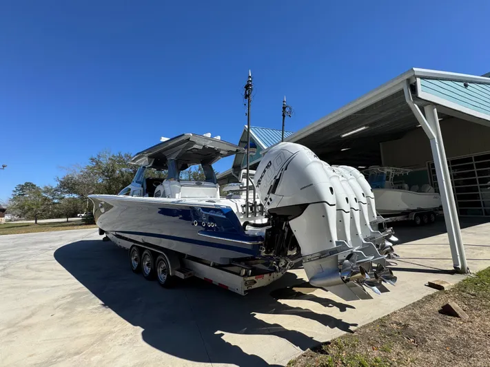  Yacht Photos Pics 2018 Nor-Tech 452 Super Fish boat with multiple outboard engines on a trailer.