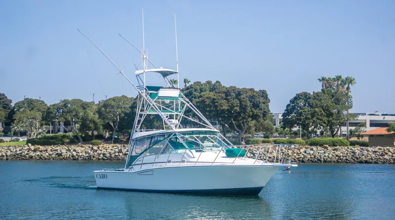 Dos Panchos Yacht Photos Pics 1997 Cabo 35 Express boat cruising on calm water near a rocky shoreline.