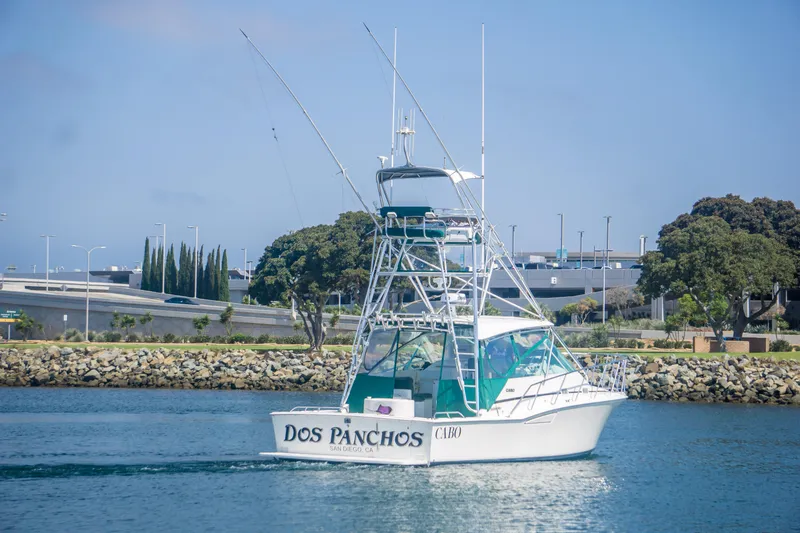 Dos Panchos Yacht Photos Pics 1997 Cabo 35 Express boat "Dos Panchos" cruising on calm waters near a rocky shoreline.