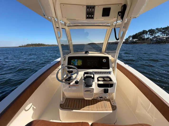  Yacht Photos Pics Interior view of Scout 277 LXF boat, 2026 model, on open water.