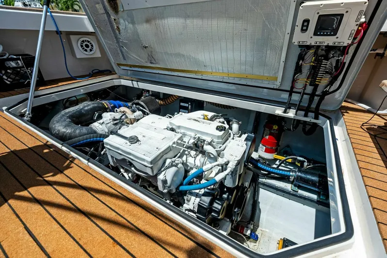  Yacht Photos Pics Engine compartment of a 2020 Calcutta 480 Catamaran with open hatch.