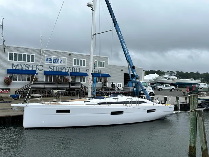 Hard Loaded Yacht Photos Pics 2024 Elan Impression 43 sailboat docked at Mystic Shipyard.