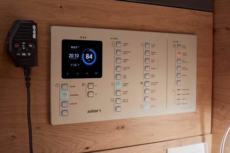 Hard Loaded Yacht Photos Pics Control panel of 2024 Elan Impression 43 yacht with digital display and microphone.
