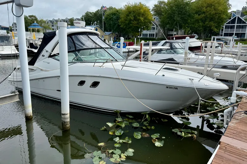 Flip Side Yacht Photos Pics 2010 Sea Ray 330 Sundancer docked at marina with surrounding boats and greenery.