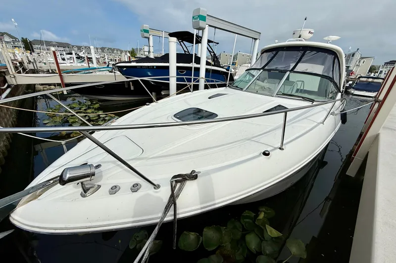 Flip Side Yacht Photos Pics 2010 Sea Ray 330 Sundancer docked at marina, featuring sleek white design.