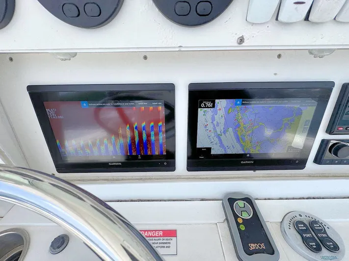  Yacht Photos Pics Dashboard of 2010 Everglades 350 CC with Garmin navigation displays.