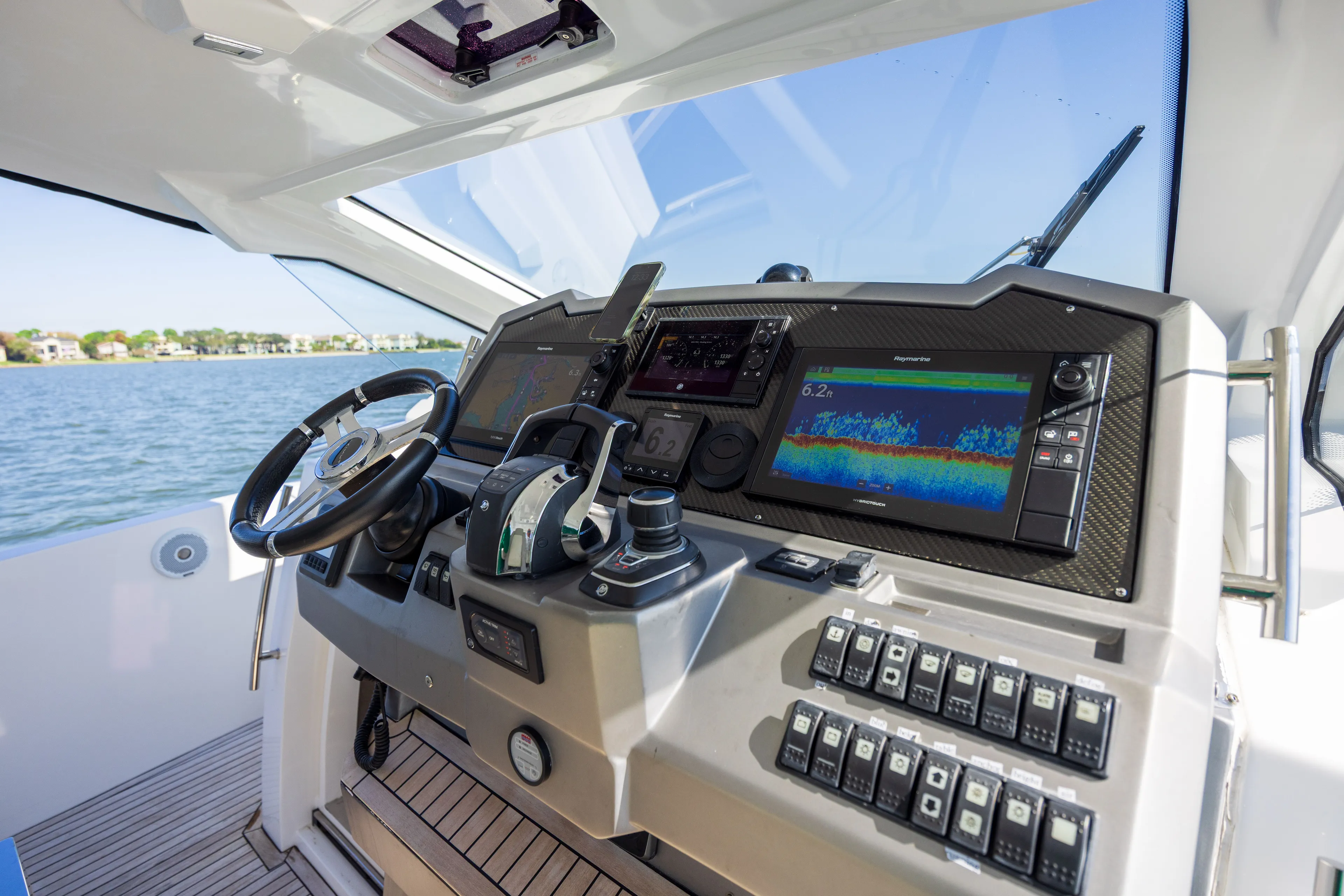  Yacht Photos Pics Cockpit of Azimut Verve 40 yacht, 2018 model, featuring modern navigation technology.