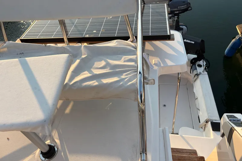 Miller Time Yacht Photos Pics 2018 Cutwater C-30 CB boat deck with solar panels and seating area.