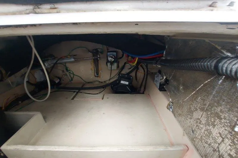 Miller Time Yacht Photos Pics 2018 Cutwater C-30 CB engine compartment with wiring and mechanical components.